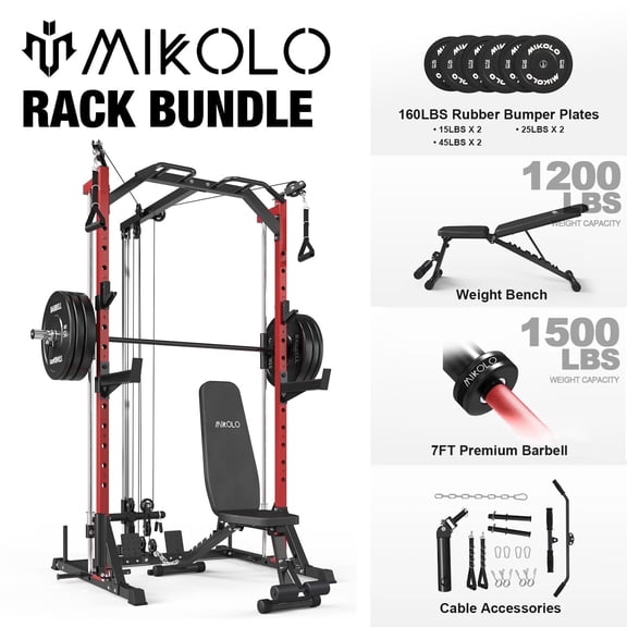 Mikolo Smith Machine Home Gym, Multi-Functional Squat Rack with Lat Pull Down System, Workout Station with Smith Bar, Barbell, Weight Bench and 10lb/25lb/45lb x2 Weight Plates