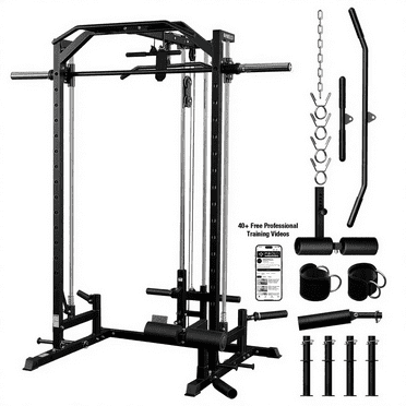 Mikolo Smith Machine Home Gym, 1800 LBS Multi-Functional Squat Rack with Lat Pull Down System, Workout Station with Weight Bar, Bend Peg and Other Functional Attachments