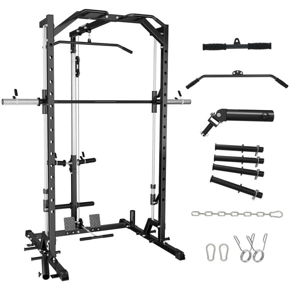 Mikolo Smith Machine Home Gym, Multi-Functional Squat Rack with Lat Pull Down System, Workout Station with Weight Bar, Bend Peg and Other Functional Attachments