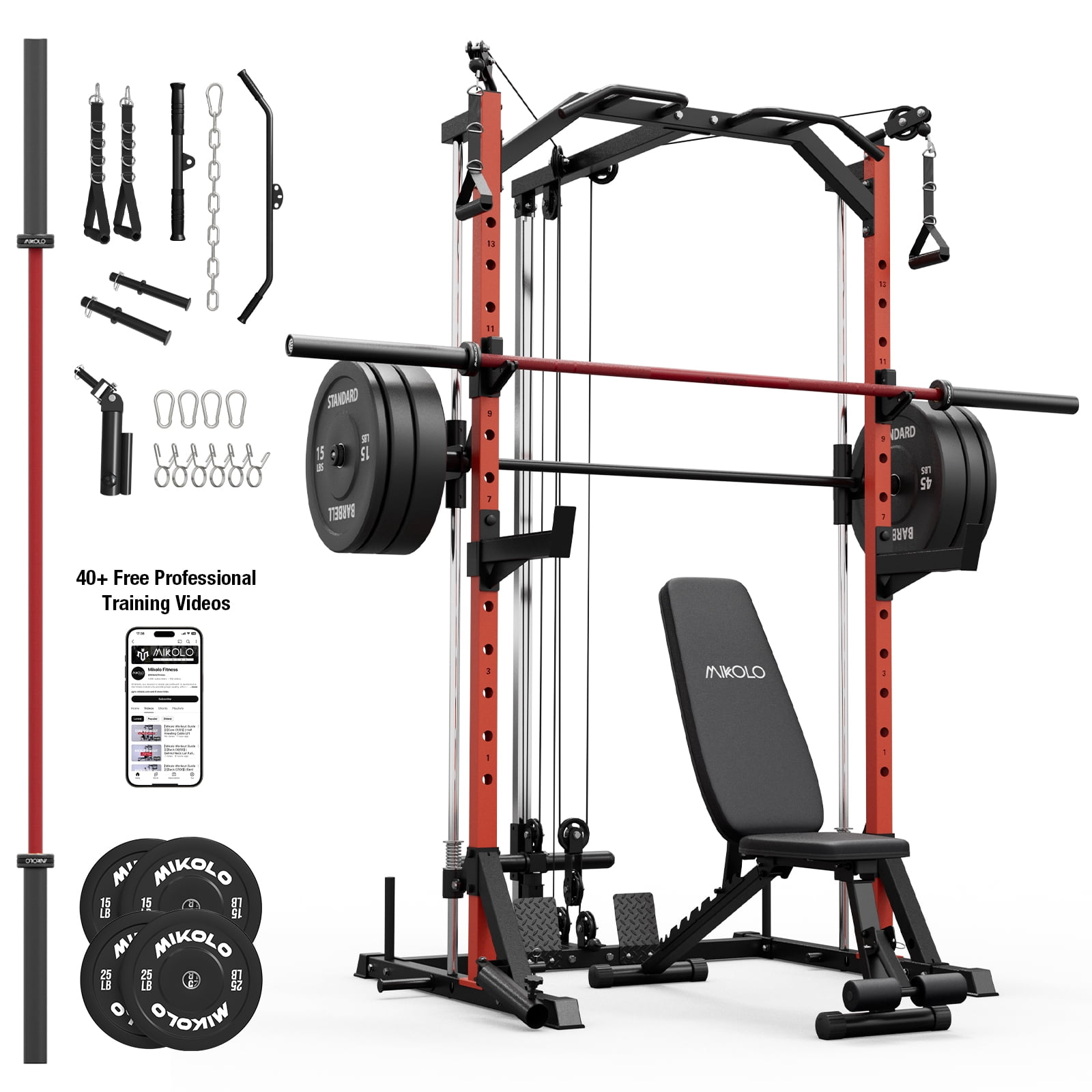 Mikolo Smith Machine Home Gym, 7-in-1 Multi-Function Squat Rack with Cable Crossover, 1000LBS Workout Station with Smith Bar, Barbell, and Weight Bench and 10lb/25lb x2 Weight Plates