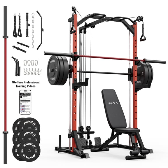 Mikolo Smith Machine Home Gym, 7-in-1 Multi-Function Squat Rack with Cable Crossover, 1000LBS Workout Station with Smith Bar, Barbell, Weight Bench and 10lb/25lb/45lb x2 Weight Plates