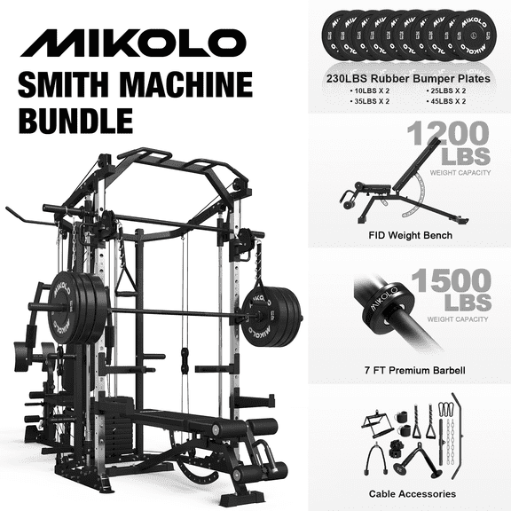 Mikolo Smith Machine Power Cage, Multi-Function Home Gym System with Cable Crossover, 121LB Weight Stack