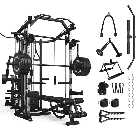 Mikolo Smith Machine Power Cage, Multi-Function Home Gym System with Cable Crossover, 121LB Weight Stack