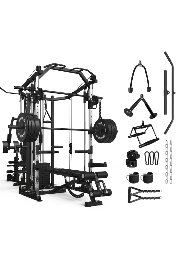 Smith Machine Power Cage, Multi-Function Home Gym System with Cable Crossover, 121LB Weight Stack