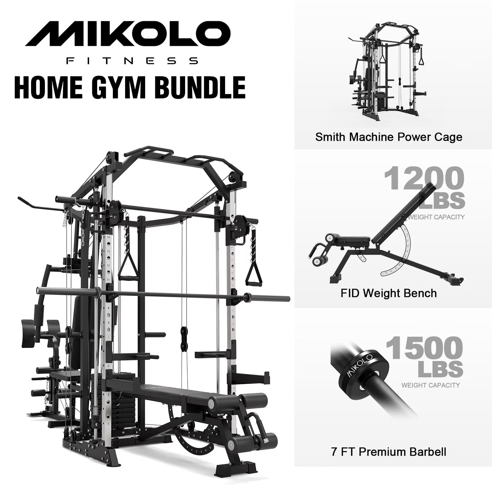Mikolo Smith Machine Power Cage, Multi-Function Home Gym System with Cable Crossover, 121LB Weight Stack