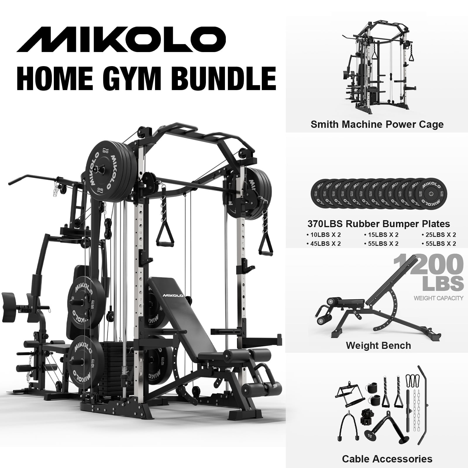Smith Machine|Black/WB00 Weight Bench|Black/Weight Plates|370LBS (All Black)
