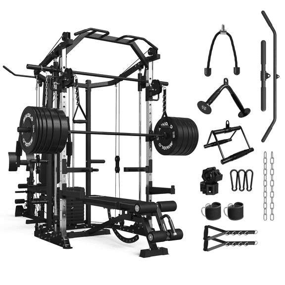 Mikolo Smith Machine Power Cage, Multi-Function Home Gym System with Cable Crossover, 121LB Weight Stack