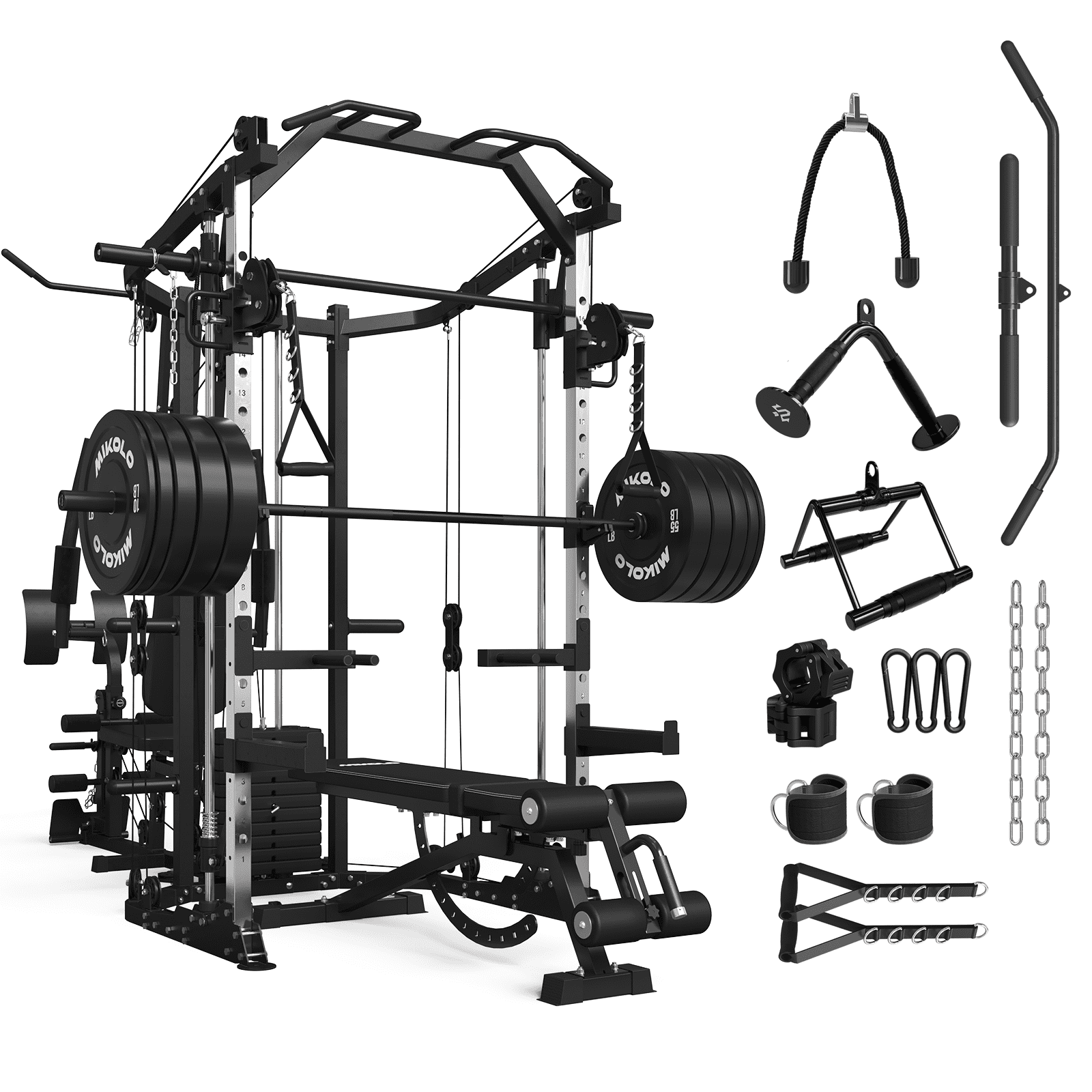 Mikolo Smith Machine Power Cage, Multi-Function Home Gym System with Cable Crossover, 121LB Weight Stack