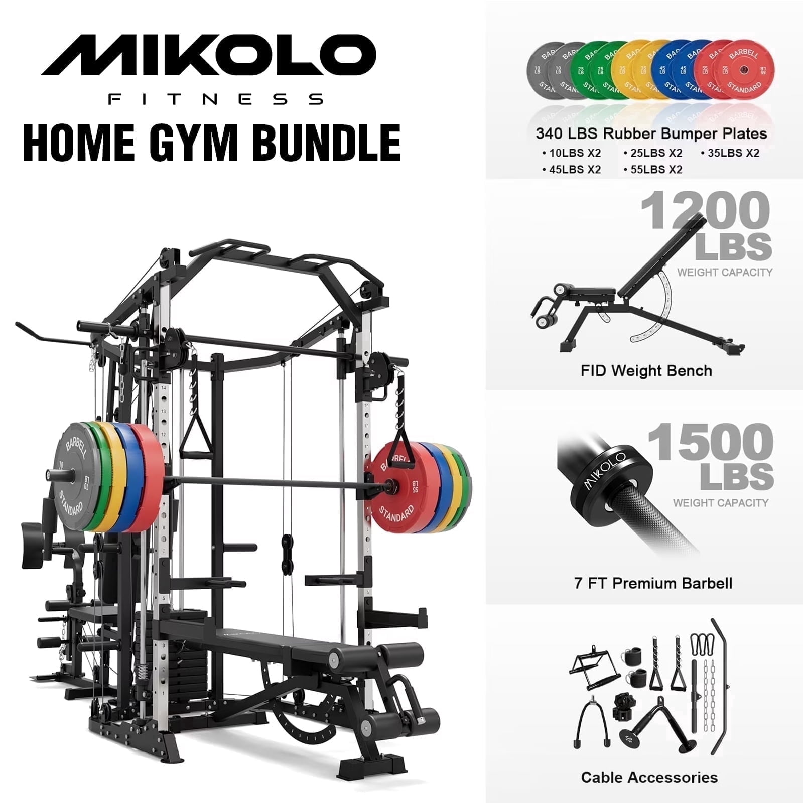 Smith Machine|Black/WB00 Weight Bench|Black/ Barbell|Black/Weight Plates|340LBS