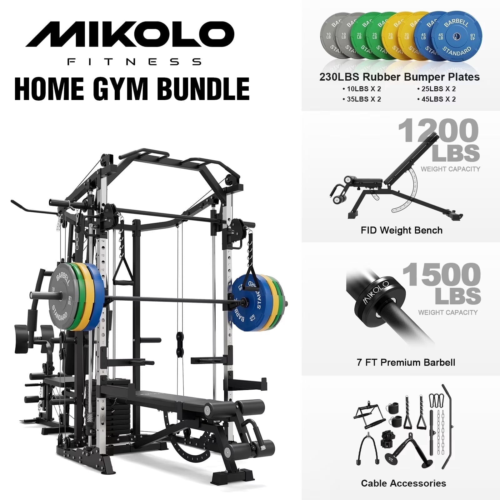 Mikolo Smith Machine Power Cage, Multi-Function Home Gym System with Cable Crossover, 121LB Weight Stack