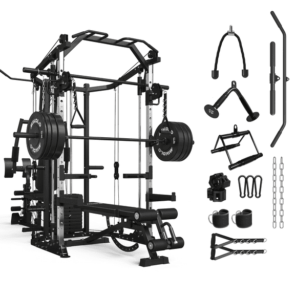 Mikolo Smith Machine Power Cage, Multi-Function Home Gym System with Cable Crossover, 121LB Weight Stack