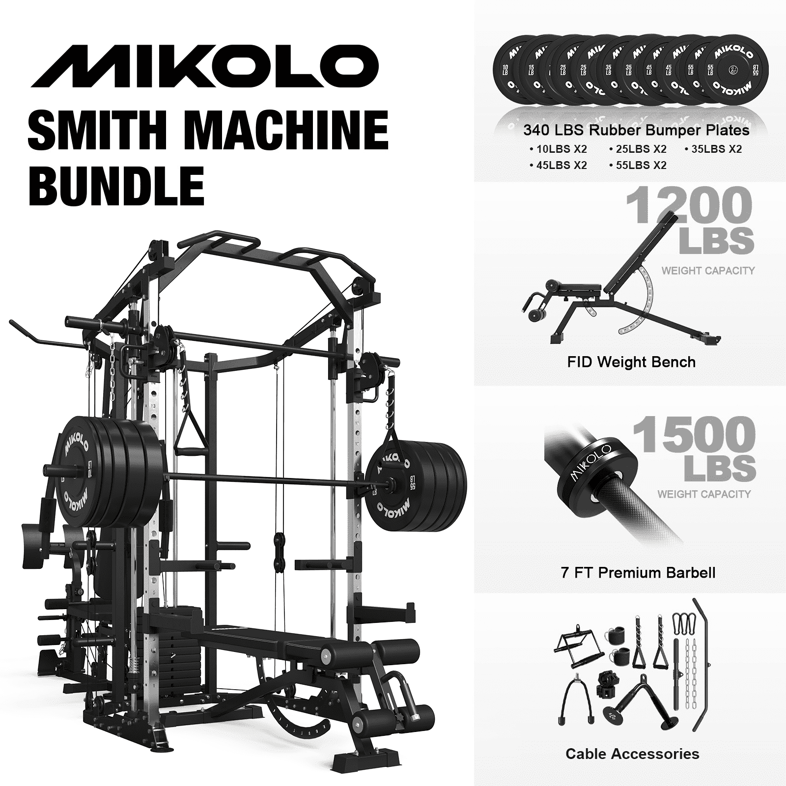 Smith Machine|Black/WB00 Weight Bench|Black/ Barbell|Black/Weight Plates|340LBS (All Black)