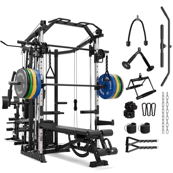 Mikolo Smith Machine Power Cage, Multi-Function Home Gym System with Cable Crossover, 121LB Weight Stack