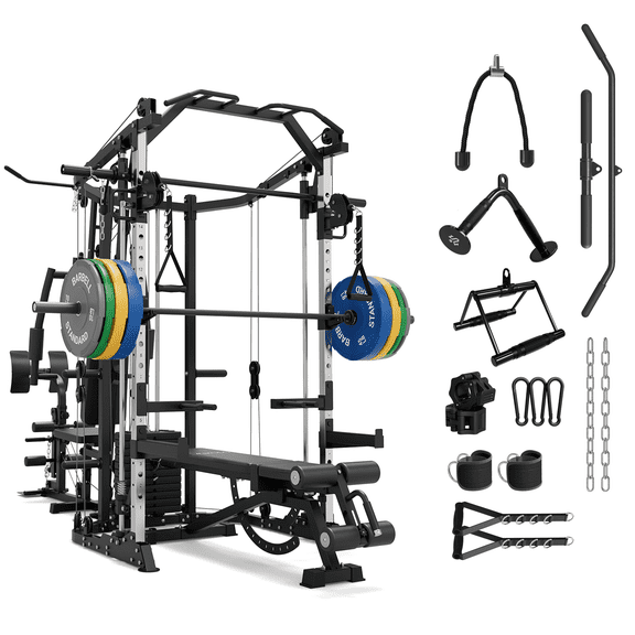 Mikolo Smith Machine Power Cage, Multi-Function Home Gym System with Cable Crossover, 121LB Weight Stack