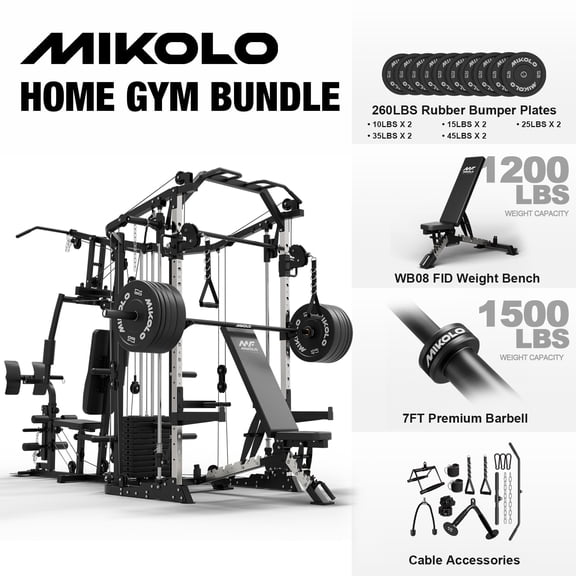 Mikolo Smith Machine Power Cage, Multi-Function Home Gym System with Cable Crossover, 121LB Weight Stack