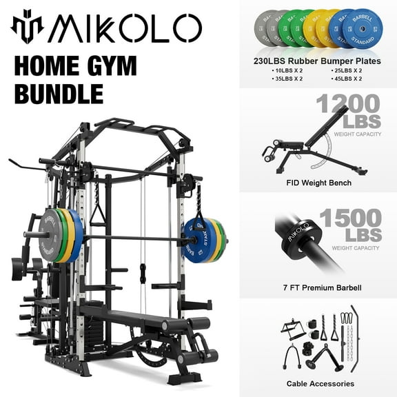 Mikolo Smith Machine Power Cage, Multi-Function Home Gym System with Cable Crossover, 121LB Weight Stack