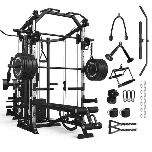 Mikolo Smith Machine Power Cage, Multi-Function Home Gym System with Cable Crossover, 121LB Weight Stack