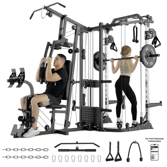 Mikolo Smith Machine Power Cage, Multi-Function Home Gym System with Cable Crossover, 121LB Weight Stack