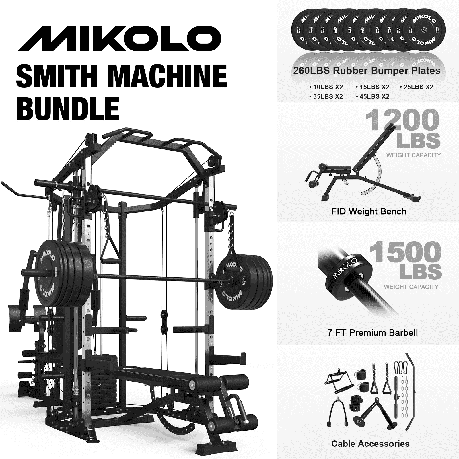 Smith Machine|Black/WB00 eight Bench|Black/ Barbell|Black/Weight Plates|260LBS (All Black)