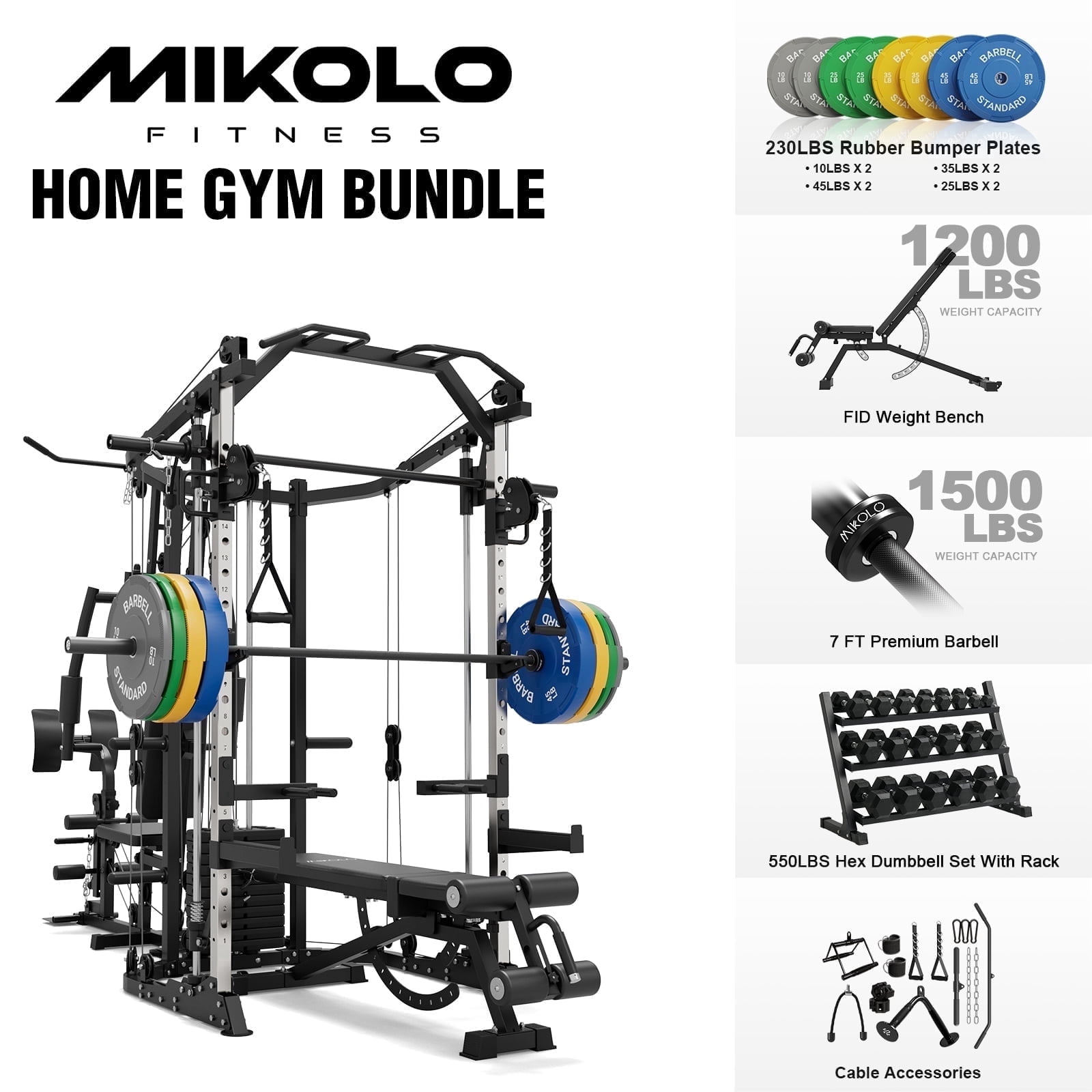 Smith Machine|Black/WB00 Weight Bench|Black/ Barbell|Black/Weight Plates|230LBS/Dumbbell Sets with Rack|550LBS