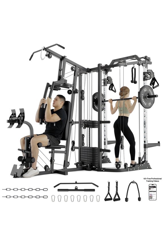 Smith Machine Power Cage, Multi-Function Home Gym System with Cable Crossover, 121LB Weight Stack