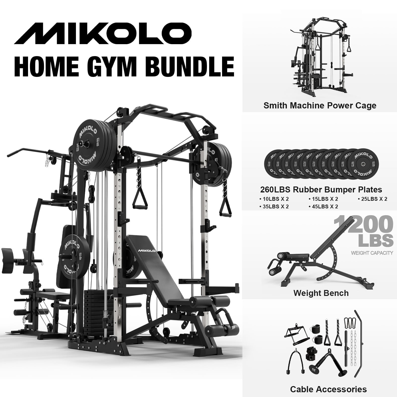 Smith Machine|Black/WB00 Weight Bench|Black/Weight Plates|260LBS (All Black)