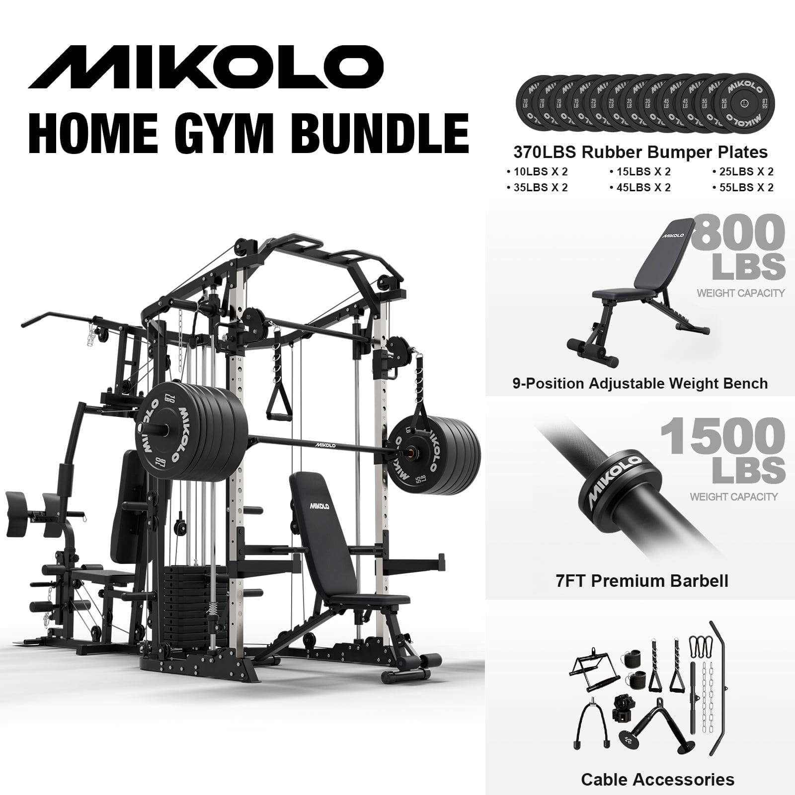 Smith Machine|Black/WB07 Weight Bench|Black/ Barbell|Black/Weight Plates|370LBS (All Black)