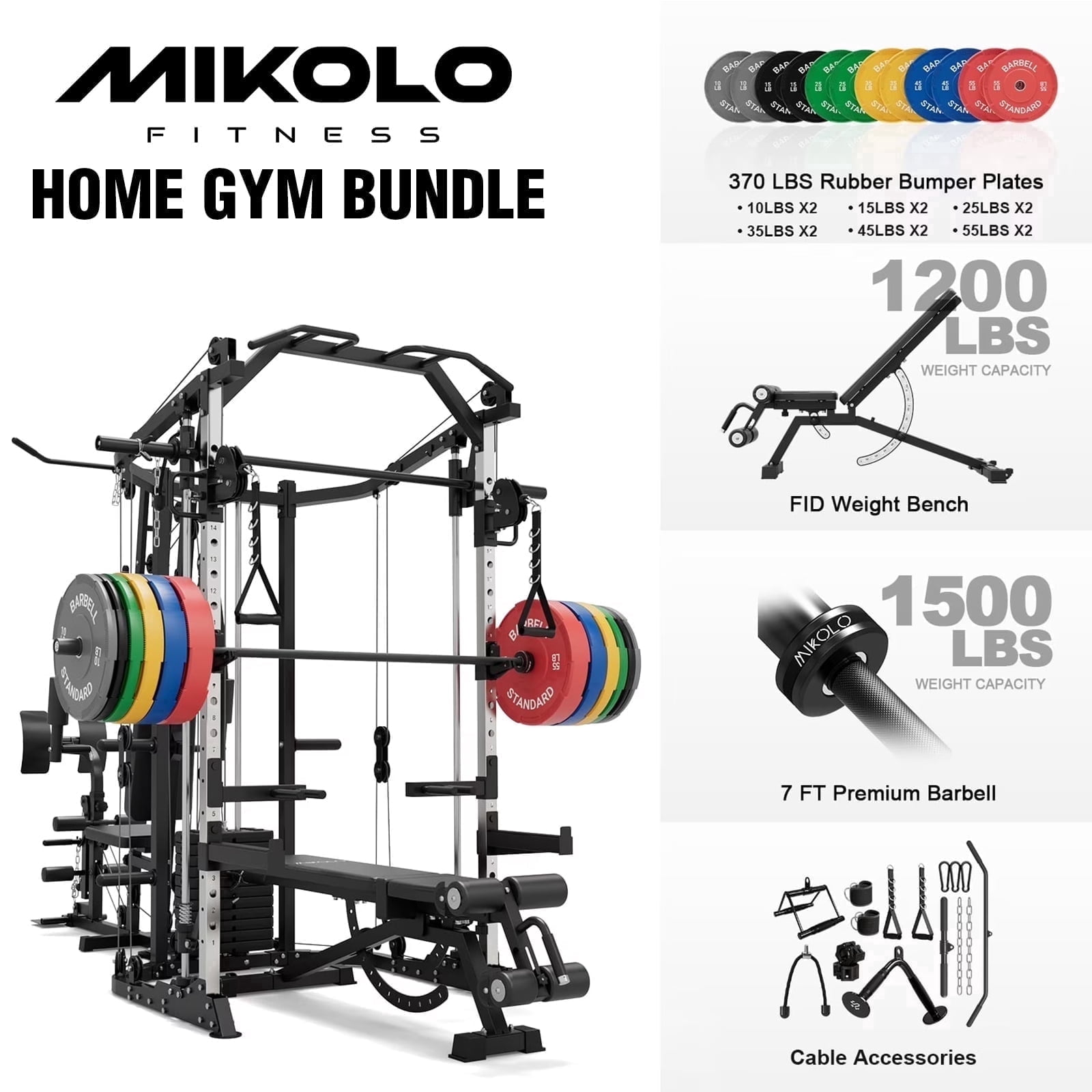 Smith Machine|Black/WB00 Weight Bench|Black/ Barbell|Black/Weight Plates|370LBS