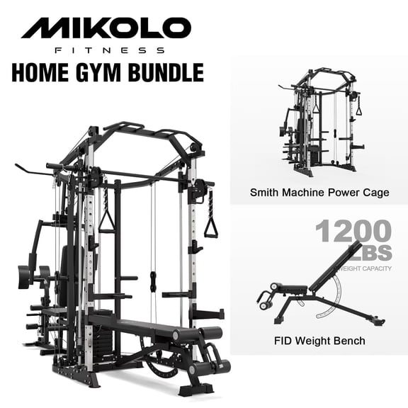 Mikolo Smith Machine Power Cage, Multi-Function Home Gym System with Cable Crossover, 121LB Weight Stack