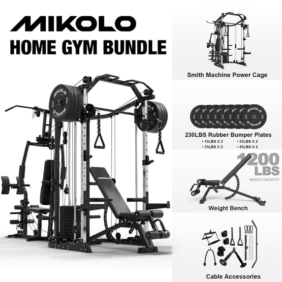 Mikolo Smith Machine Power Cage, Multi-Function Home Gym System with Cable Crossover, 121LB Weight Stack