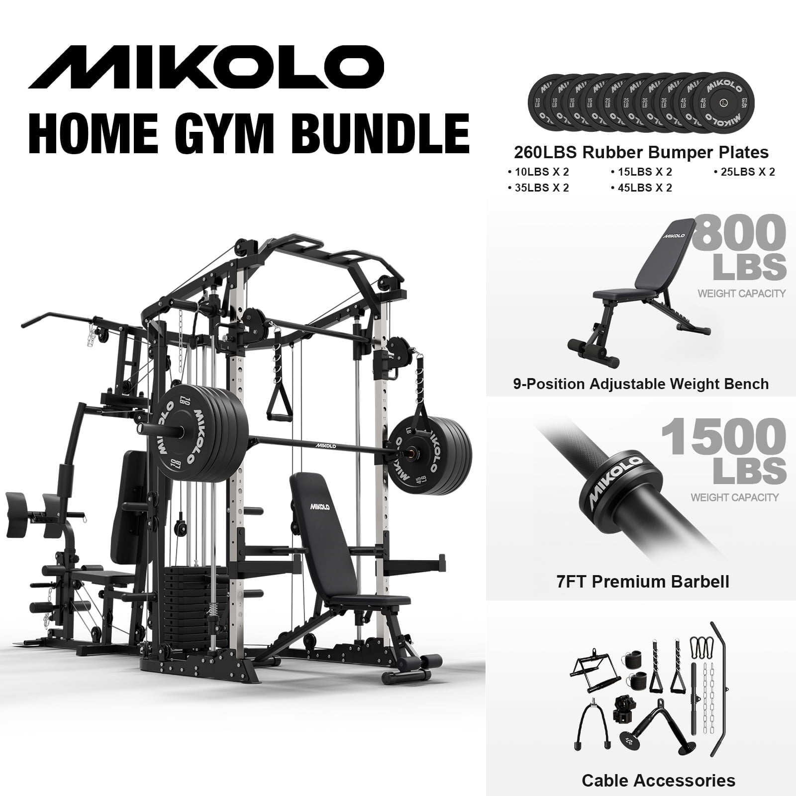 Smith Machine|Black/WB07 Weight Bench|Black/ Barbell|Black/Weight Plates|260LBS (All Black)