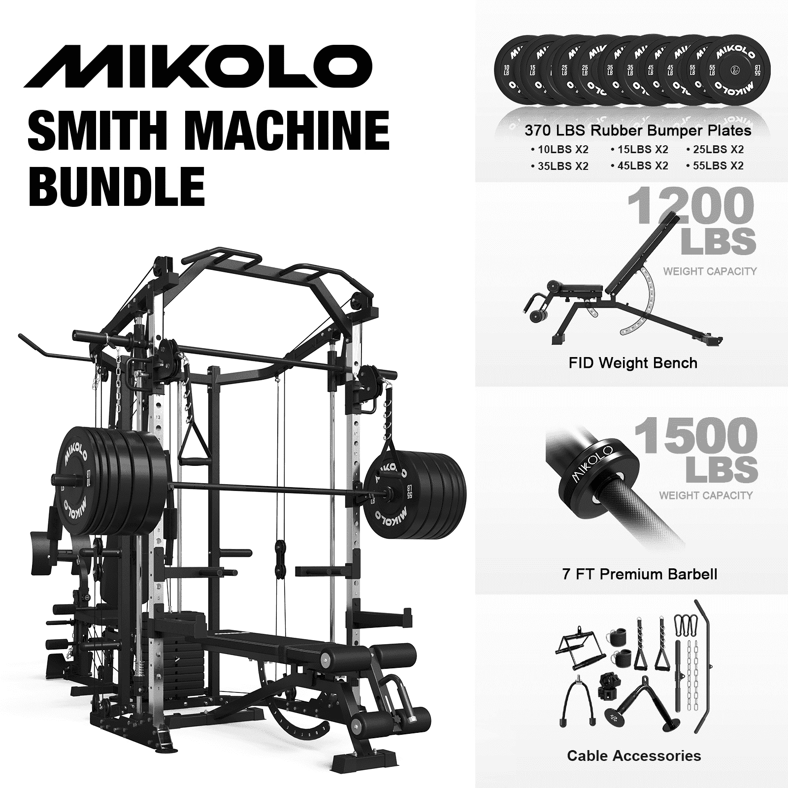 Smith Machine|Black/WB00 Weight Bench|Black/ Barbell|Black/Weight Plates|370LBS (All Black)