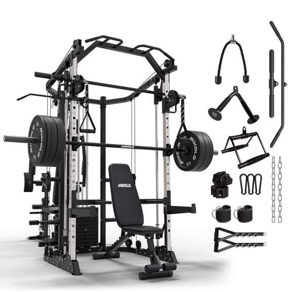 Mikolo Smith Machine Power Cage, Multi-Function Home Gym System with Cable Crossover, 121LB Weight Stack
