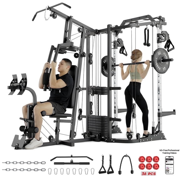 Mikolo Smith Machine Power Cage, Multi-Function Home Gym System with Cable Crossover, 121LB Weight Stack