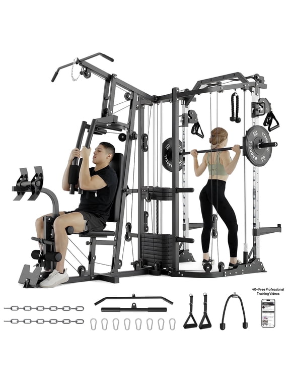 Smith Machine Power Cage, Multi-Function Home Gym System with Cable Crossover, 121LB Weight Stack