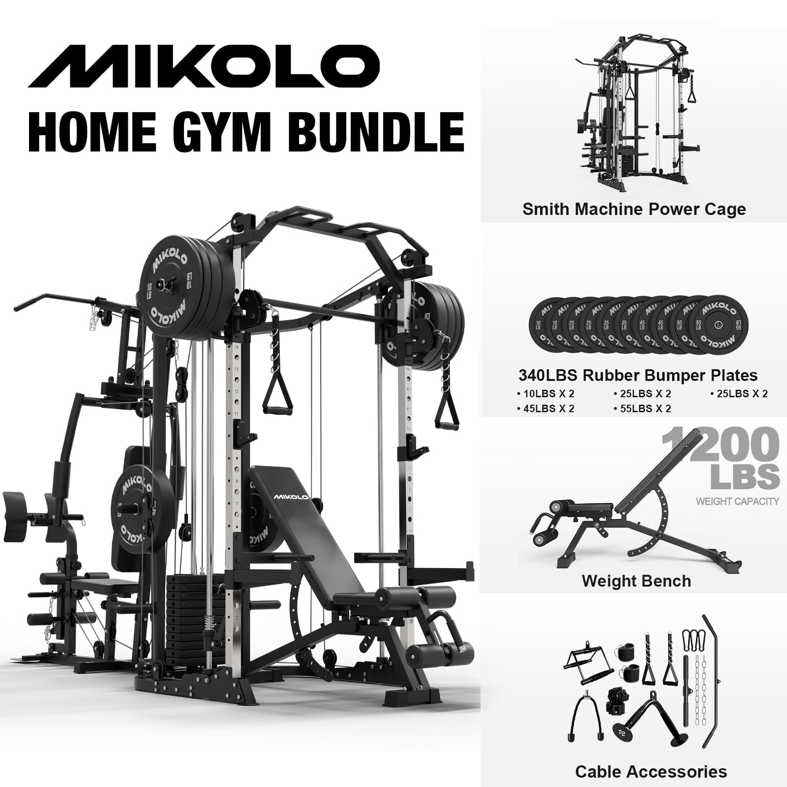 Smith Machine|Black/WB00 Weight Bench|Black/Weight Plates|340LBS (All Black)