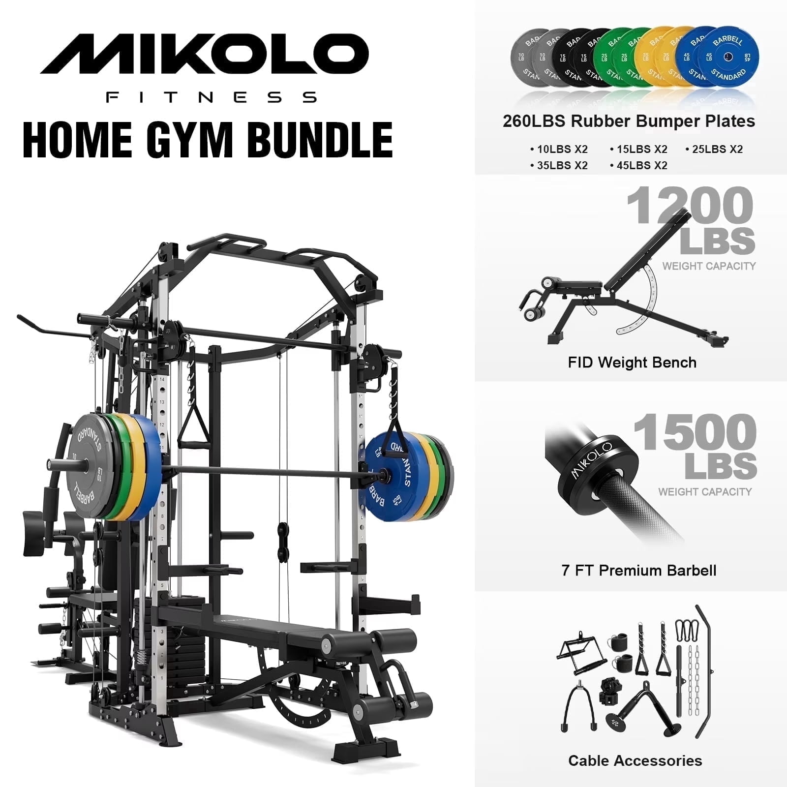 Smith Machine|Black/WB00 Weight Bench|Black/ Barbell|Black/Weight Plates|260LBS