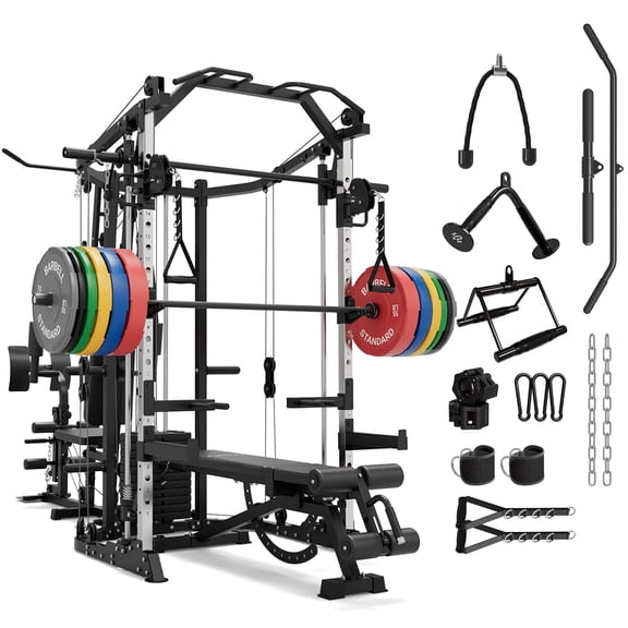 Mikolo Smith Machine Power Cage, Multi-Function Home Gym System with Cable Crossover, 121LB Weight Stack