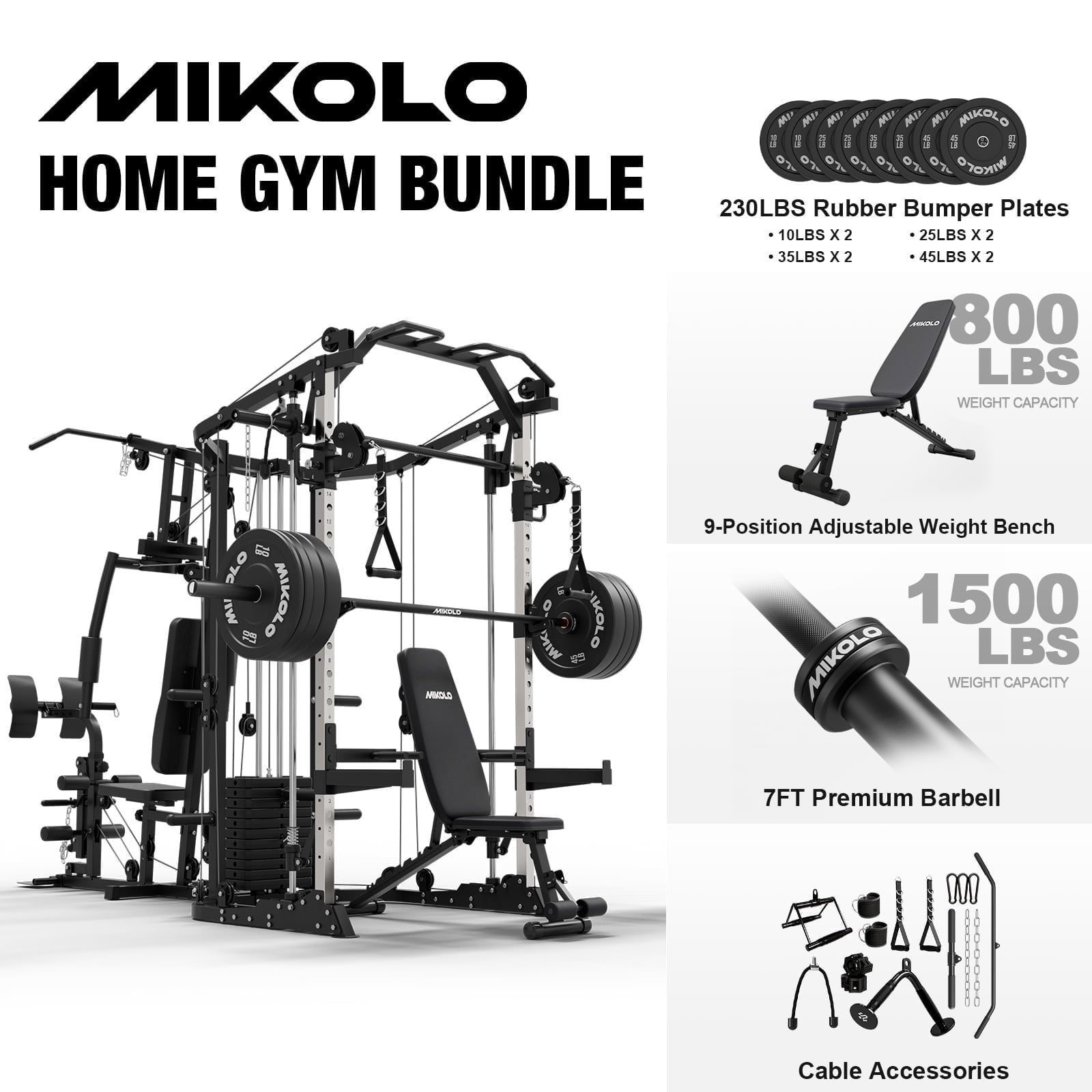 Smith Machine|Black/WB07 Weight Bench|Black/ Barbell|Black/Weight Plates|230LBS (All Black)