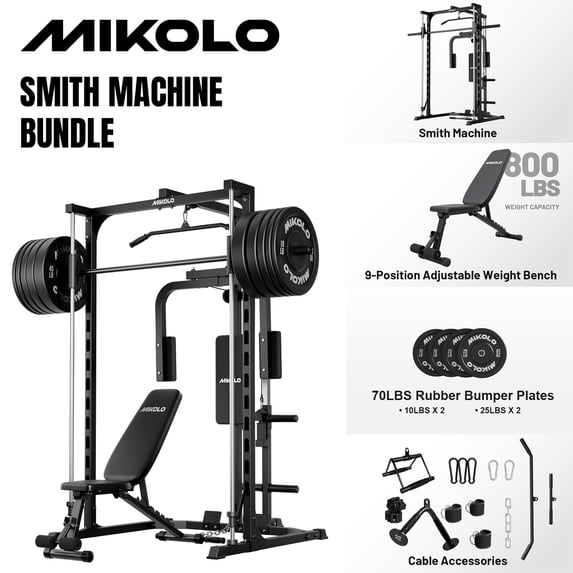 Mikolo Smith Machine Home Gym,Multi-Functional Power Rack with Pec Deck Machine,Lat Pulldown System with Bar,Weight Bench and 70LBS Weight Plates,Low Row Station with Cable bar and Foot Board