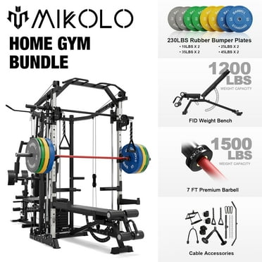 Mikolo Smith Machine Power Cage, Multi-Function Home Gym System with Cable Crossover, 121LB Weight Stack