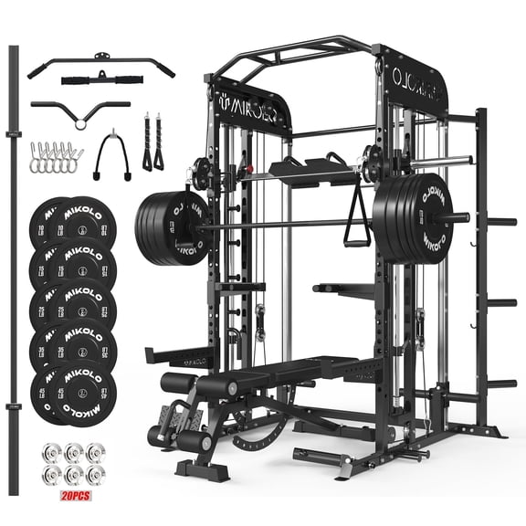 Mikolo Smith Machine, Power Cage with Vertical Leg Press, 2000LBS Power Cage Squat Rack with Smith Bar, Dual Pulley Cable Crossover System for Home gym with 260LB Black Weight Plates