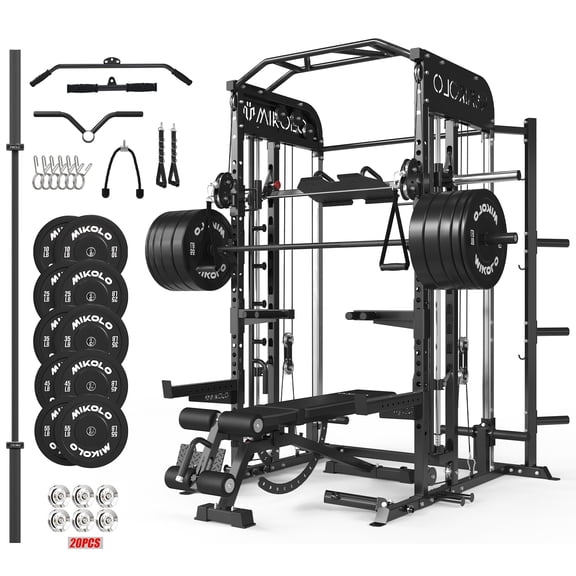 Mikolo Smith Machine, Power Cage with Vertical Leg Press, 2000LBS Squat Rack with Smith Bar, Dual Pulley Cable Crossover System for Home gym with Barbell Bench and 340 Black Plates