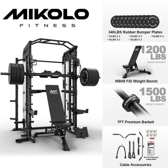 Mikolo Smith Machine, Power Rack Cage with Vertical Leg Press, 2000LBS Power Cage Squat Rack with Smith Bar, Dual Pulley Cable Crossover System for Home gym with barbell bench 340 plates