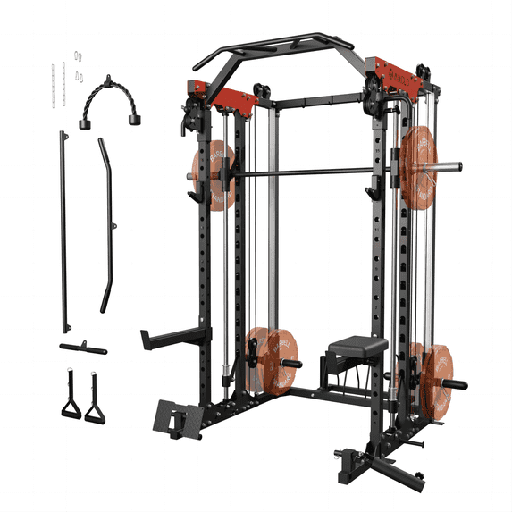 Mikolo Smith Machine, 2000LBS Power Cage Squat Rack with Smith Bar, Two LAT Pull-Down Systems, Cable Crossover Machine and More Cable Attachment for Home Gym