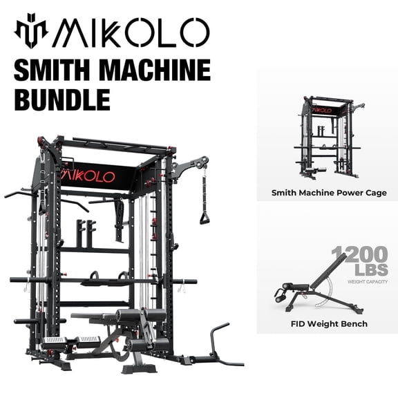 Mikolo Smith Machine Home Gym, All-in-One Power Rack with Smith Cage and Functional Trainer, Squat Rack with 2:1 Dual Pulley Cable System and Extended Forward Reach, Vertical Leg Press