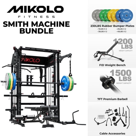 Mikolo Smith Machine Home Gym, All-in-One Power Rack with Smith Cage and Functional Trainer, Squat Rack with 2:1 Dual Pulley Cable System and Extended Forward Reach, Vertical Leg Press