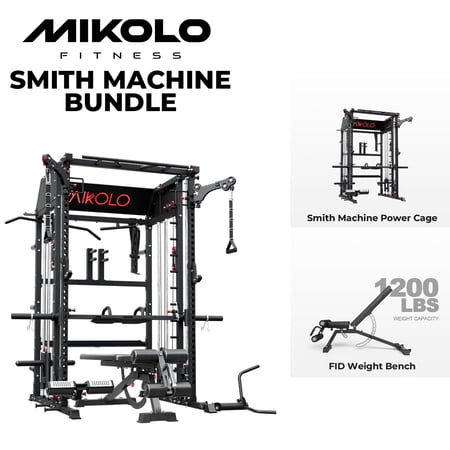 Mikolo Smith Machine Home Gym, All-in-One Power Rack with Smith Cage and Functional Trainer, Squat Rack with 2:1 Dual Pulley Cable System and Extended Forward Reach, Vertical Leg Press