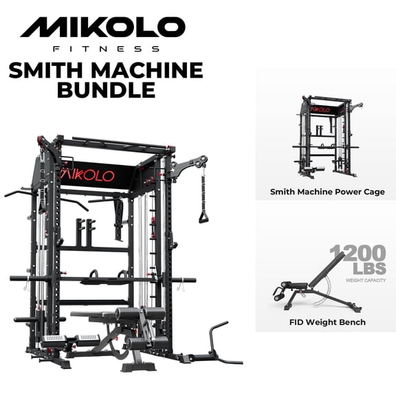 Mikolo Smith Machine Home Gym, All-in-One Power Rack with Smith Cage and Functional Trainer, Squat Rack with 2:1 Dual Pulley Cable System and Extended Forward Reach, Vertical Leg Press