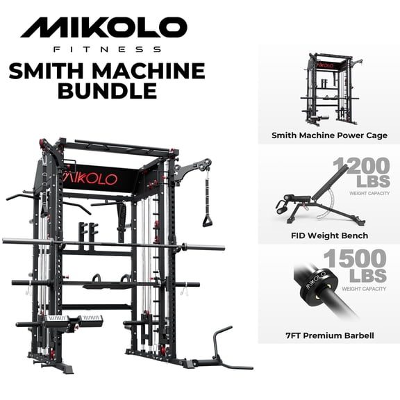 Mikolo Smith Machine Home Gym, All-in-One Power Rack with Smith Cage and Functional Trainer, Squat Rack with 2:1 Dual Pulley Cable System and Extended Forward Reach, Vertical Leg Press